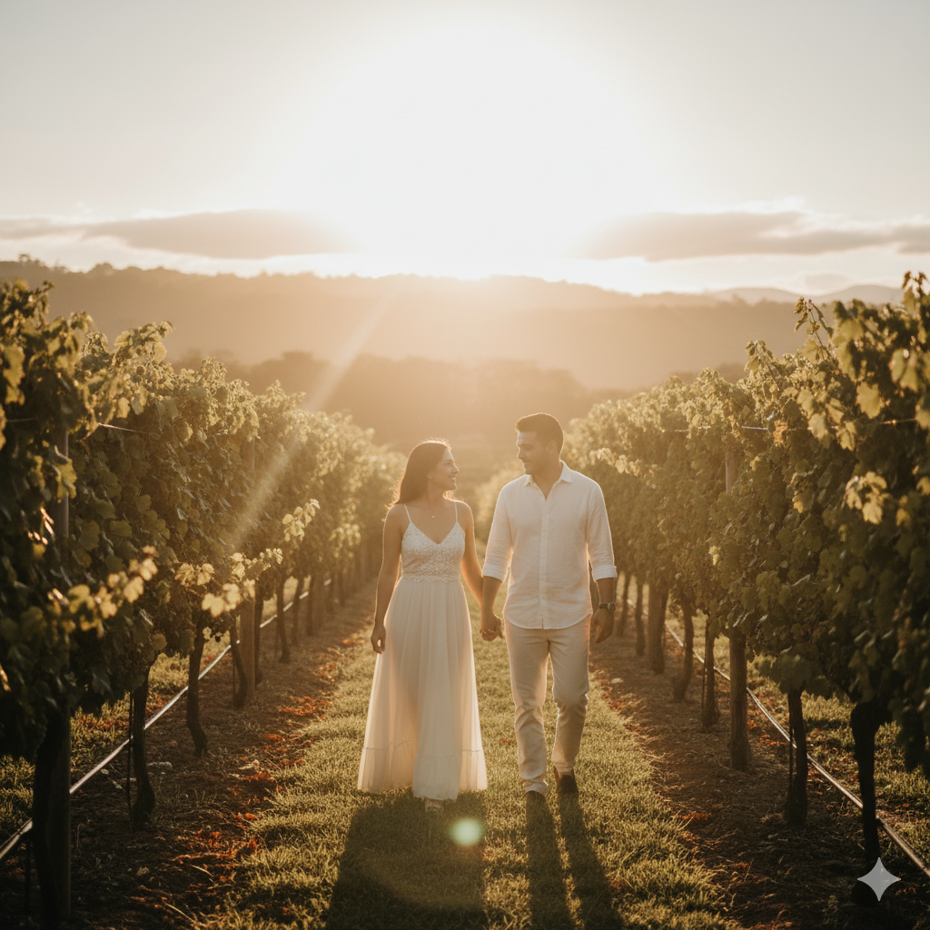 Sesión de compromiso de Lía y David en un viñedo de Costa Rica